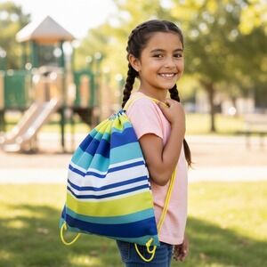 IQ Accessories Cinch Backpack Kids OS Blue Stripe Brand New Drawstring Bag